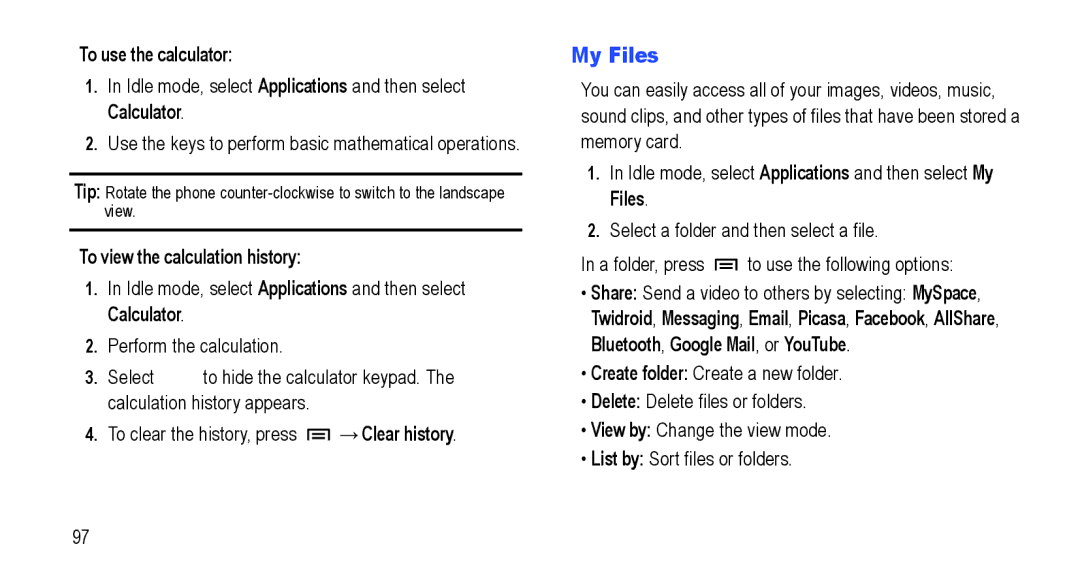 Samsung GT-I5800L Series user manual My Files, To use the calculator, To view the calculation history 