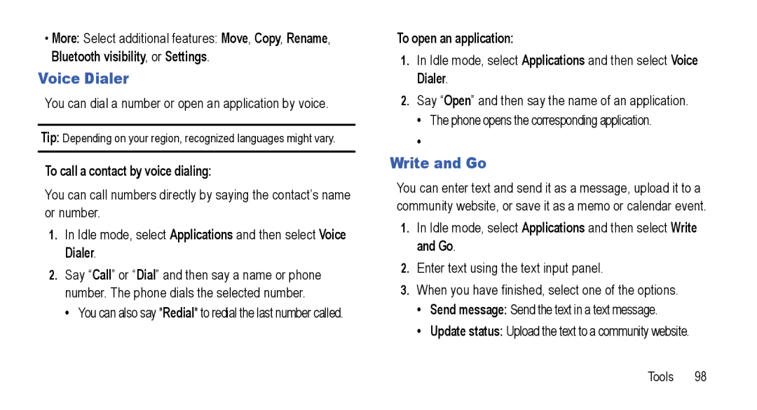 Samsung GT-I5800L Series user manual Voice Dialer, Write and Go, To call a contact by voice dialing, To open an application 