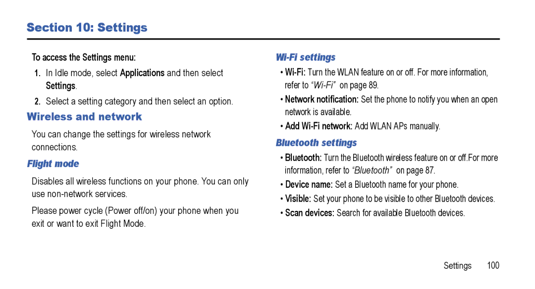 Samsung GT-I5800L Series user manual Settings, Wireless and network, Flight mode, Wi-Fi settings, Bluetooth settings 