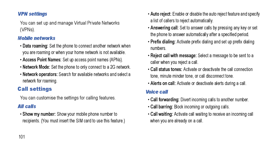 Samsung GT-I5800L Series user manual Call settings, VPN settings, Mobile networks, All calls, Voice call 