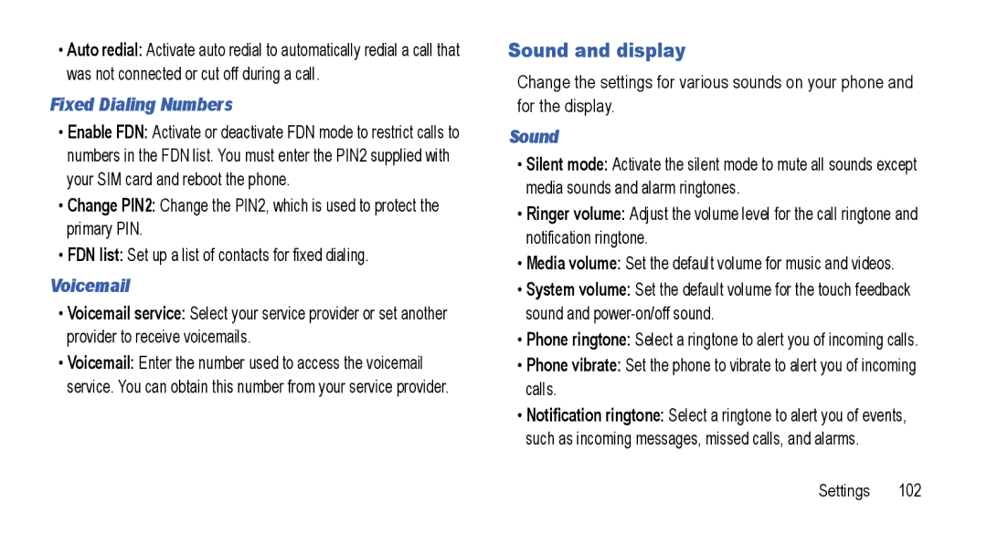 Samsung GT-I5800L Series user manual Sound and display, Fixed Dialing Numbers, Voicemail 