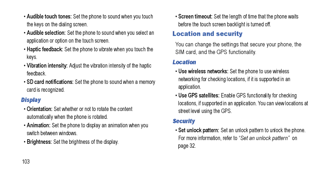 Samsung GT-I5800L Series user manual Location and security, Display, Security 