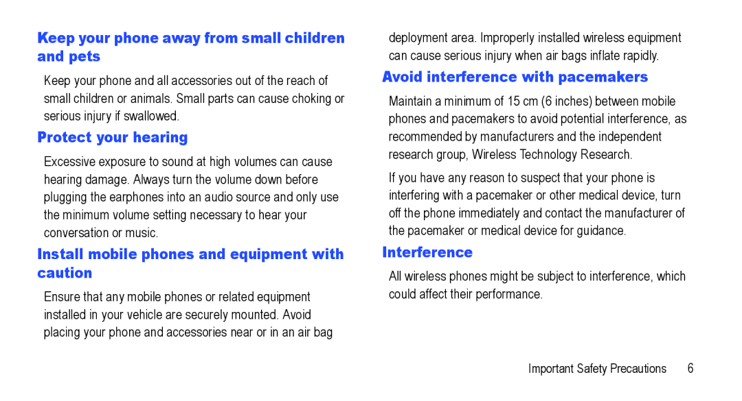 Samsung GT-I5800L Series user manual Keep your phone away from small children and pets, Protect your hearing, Interference 