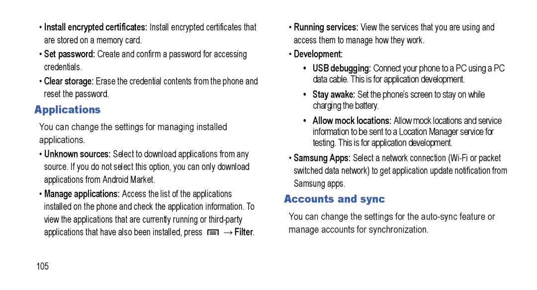 Samsung GT-I5800L Series user manual Applications, Accounts and sync, Development 