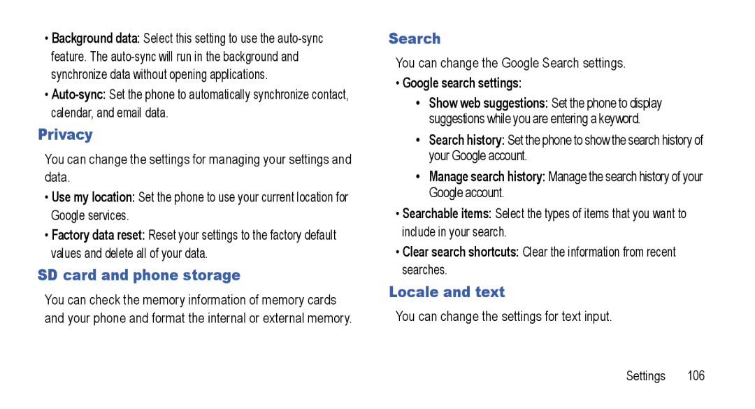 Samsung GT-I5800L Series user manual Privacy, SD card and phone storage, Search, Locale and text, Google search settings 