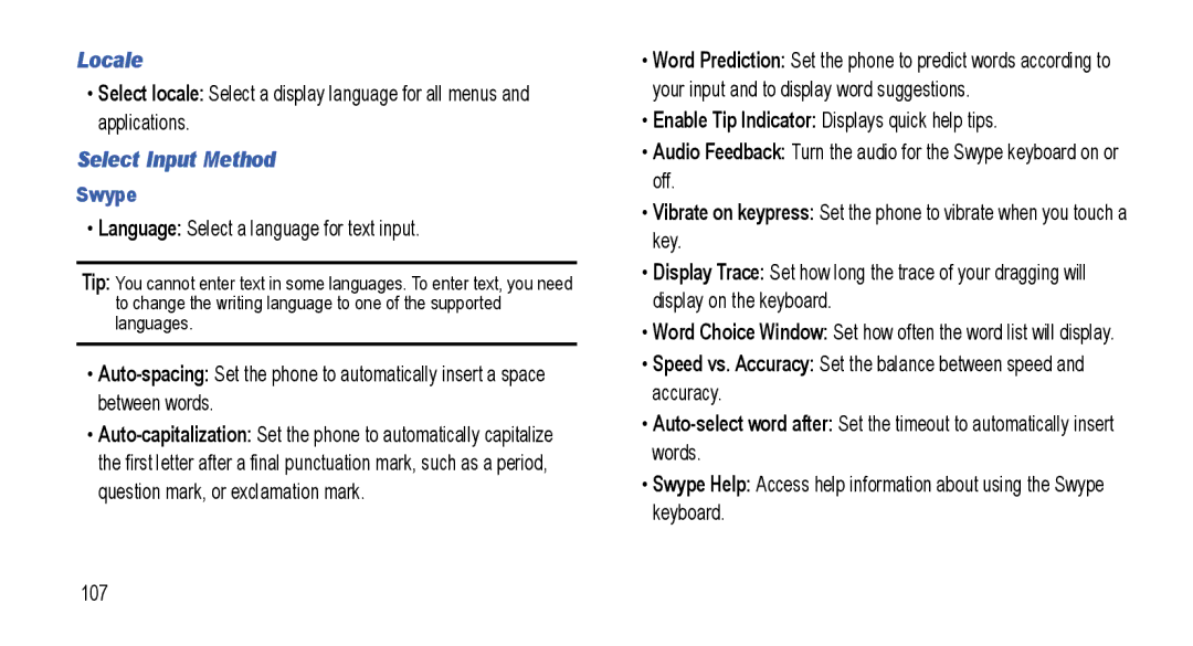 Samsung GT-I5800L Series user manual Locale, Select Input Method, Language Select a language for text input 