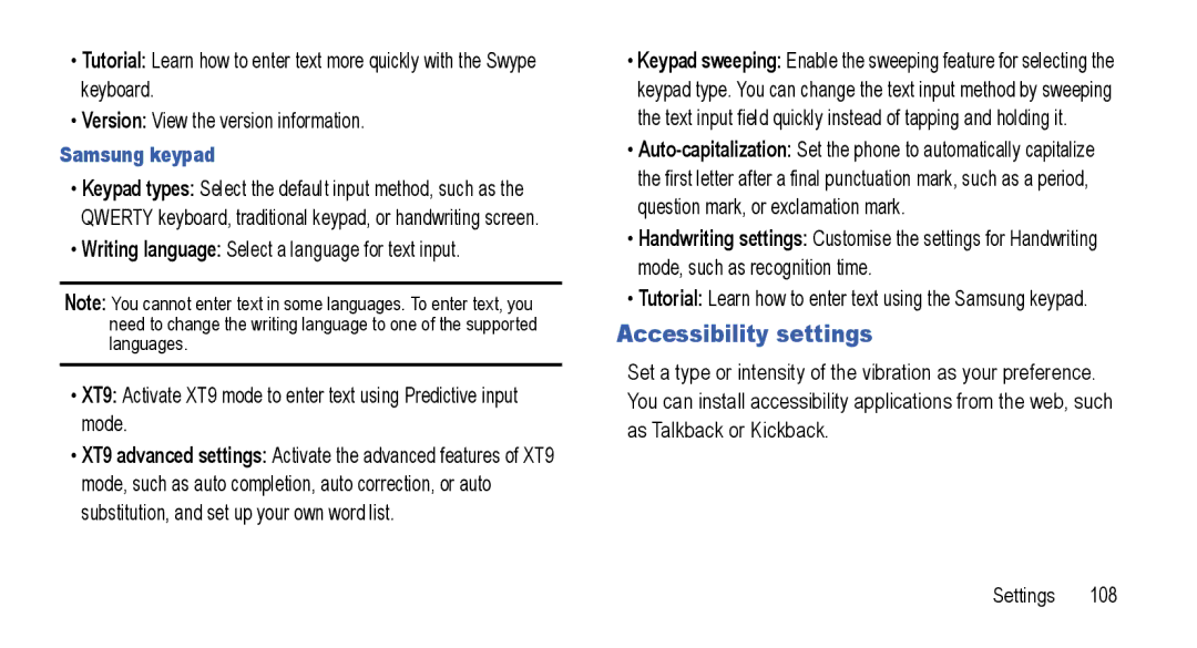 Samsung GT-I5800L Series user manual Accessibility settings, Samsung keypad 