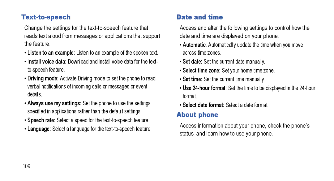 Samsung GT-I5800L Series user manual Text-to-speech, Date and time, About phone 