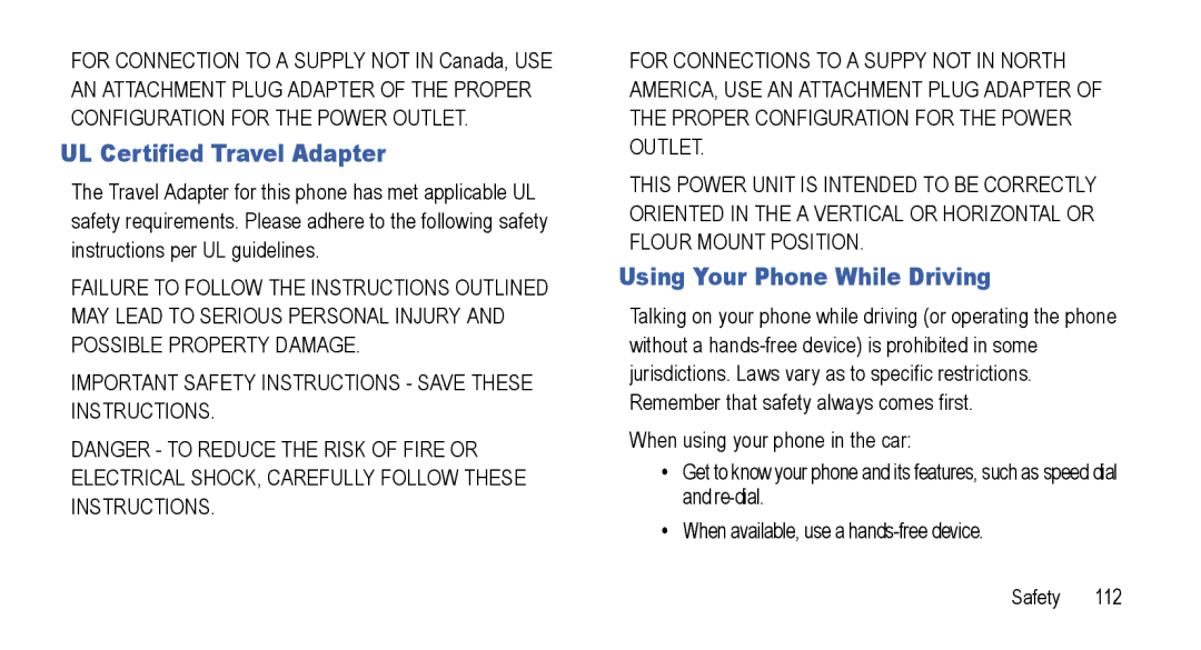 Samsung GT-I5800L Series user manual UL Certified Travel Adapter, Using Your Phone While Driving 