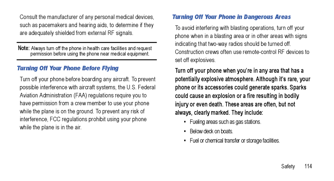 Samsung GT-I5800L Series user manual Turning Off Your Phone Before Flying, Turning Off Your Phone in Dangerous Areas 