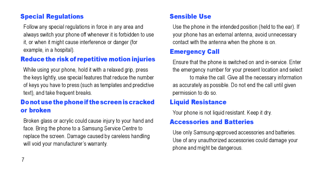 Samsung GT-I5800L Series Special Regulations, Sensible Use, Emergency Call, Liquid Resistance, Accessories and Batteries 