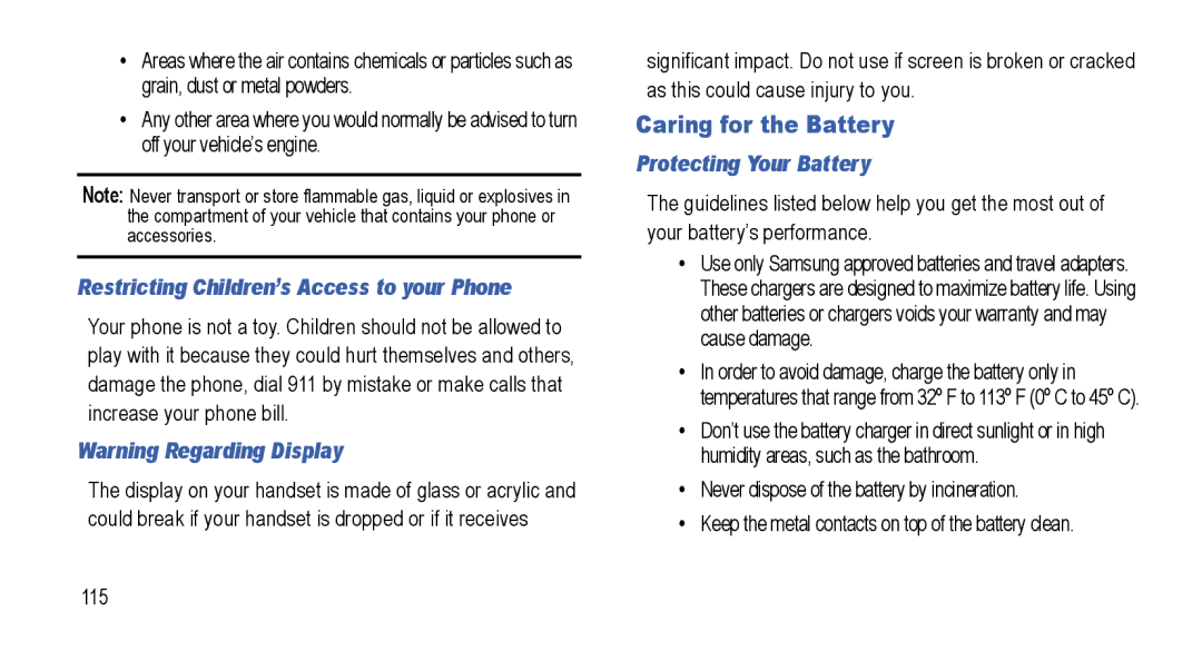 Samsung GT-I5800L Series Caring for the Battery, Restricting Children’s Access to your Phone, Protecting Your Battery 