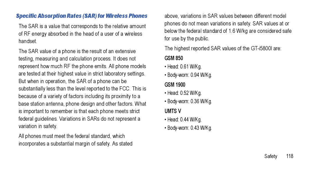 Samsung GT-I5800L Series user manual Gsm, Head 0.61 W/Kg Body-worn 0.94 W/Kg, Head 0.52 W/Kg Body-worn 0.36 W/Kg 