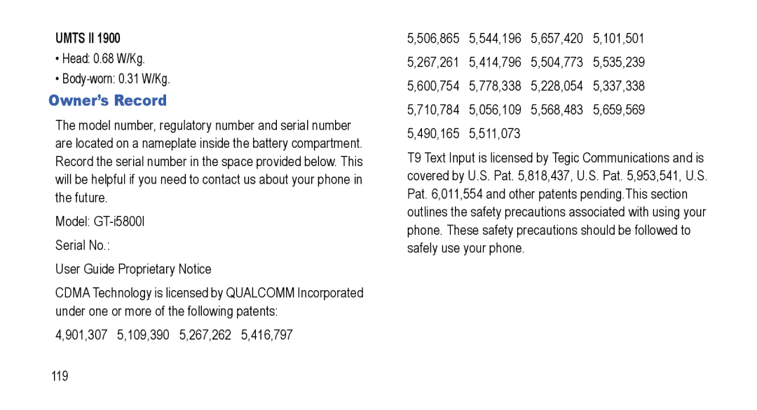 Samsung GT-I5800L Series user manual Owner’s Record, Umts II, Head 0.68 W/Kg Body-worn 0.31 W/Kg 