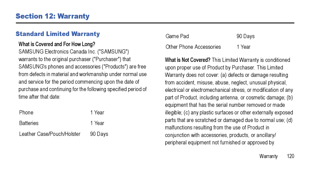 Samsung GT-I5800L Series user manual Standard Limited Warranty, What is Covered and For How Long?, Game Pad 