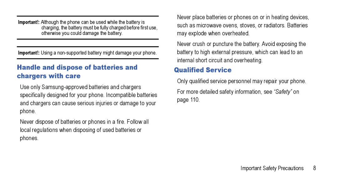 Samsung GT-I5800L Series user manual Handle and dispose of batteries and chargers with care, Qualified Service 