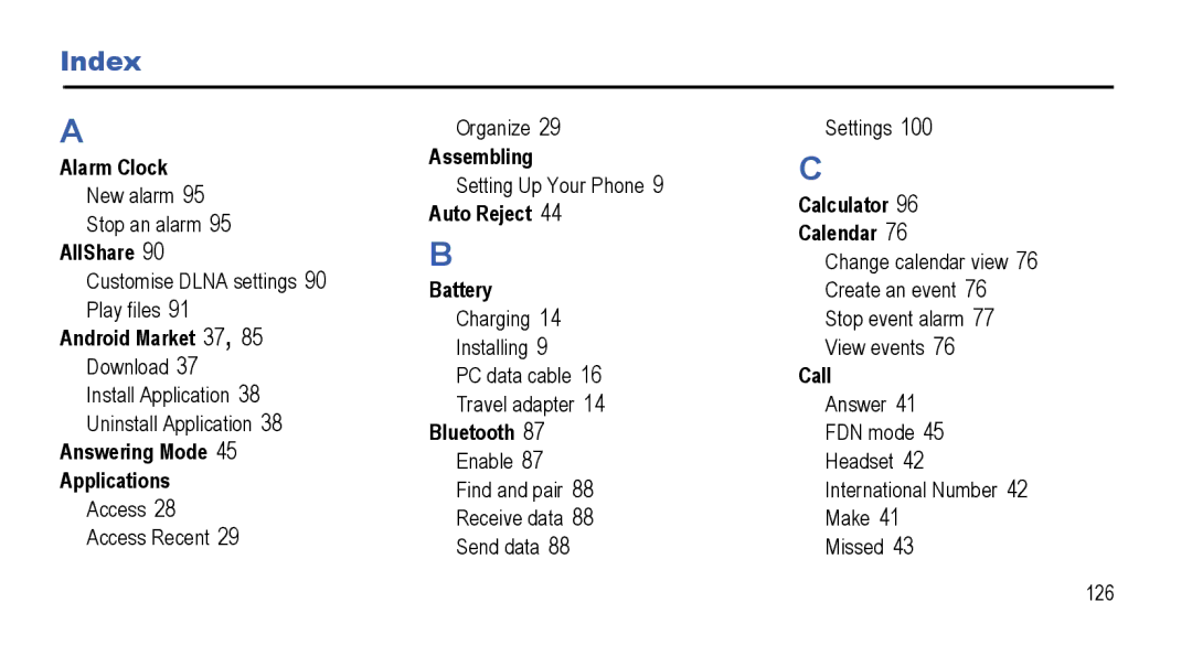 Samsung GT-I5800L Series user manual Index 