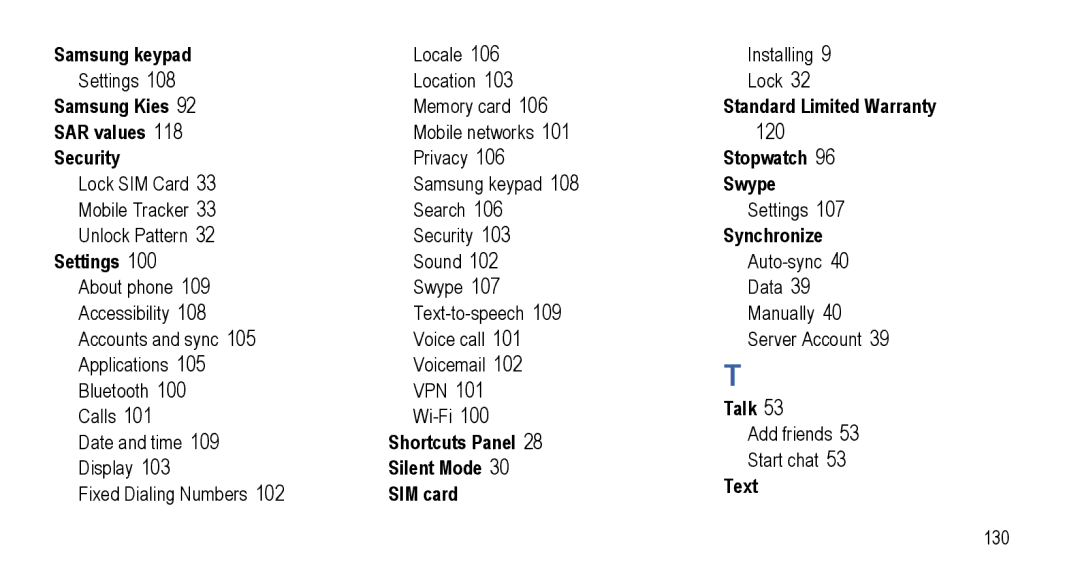 Samsung GT-I5800L Series Samsung keypad, Samsung Kies, SAR values, Security, Settings, Shortcuts Panel, Silent Mode, Talk 