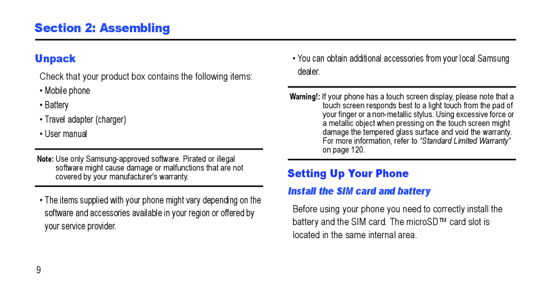 Samsung GT-I5800L Series user manual Assembling, Unpack, Install the SIM card and battery 