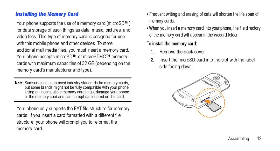 Samsung GT-I5800L Series user manual Installing the Memory Card, To install the memory card 