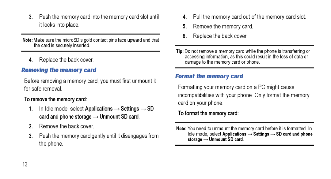 Samsung GT-I5800L Series user manual Removing the memory card, To remove the memory card, Format the memory card 