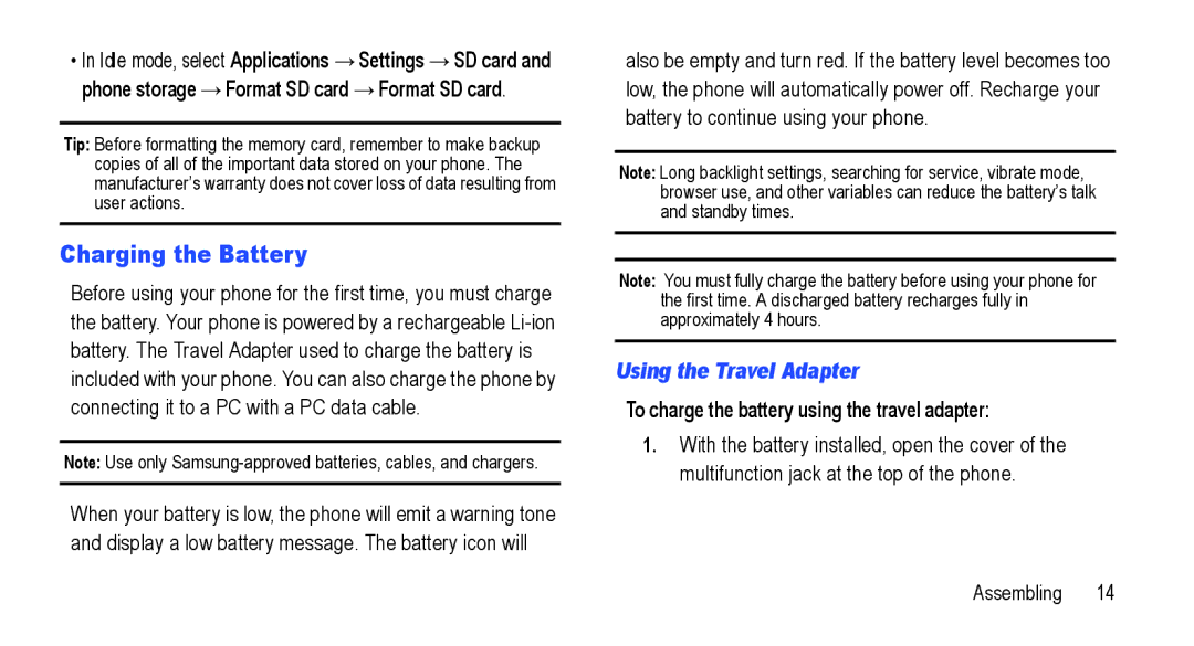 Samsung GT-I5800L Series Charging the Battery, Using the Travel Adapter, To charge the battery using the travel adapter 