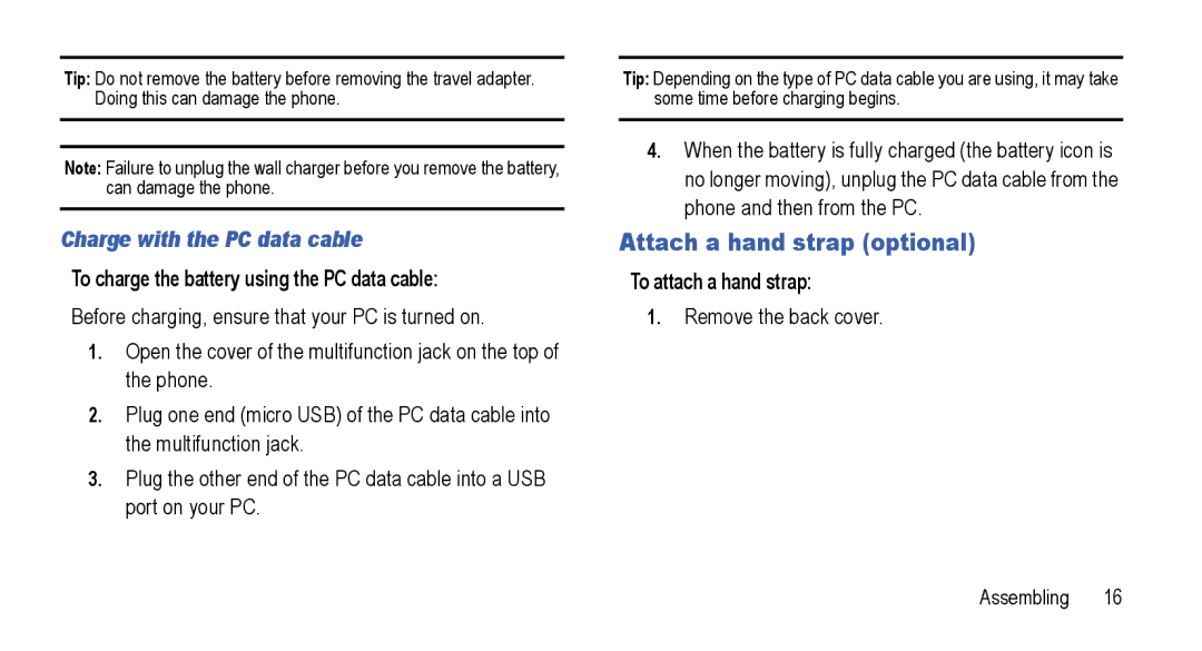 Samsung GT-I5800L Series user manual Attach a hand strap optional, Charge with the PC data cable, To attach a hand strap 