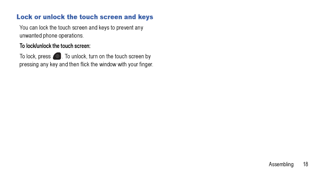 Samsung GT-I5800L Series user manual Lock or unlock the touch screen and keys, To lock/unlock the touch screen 