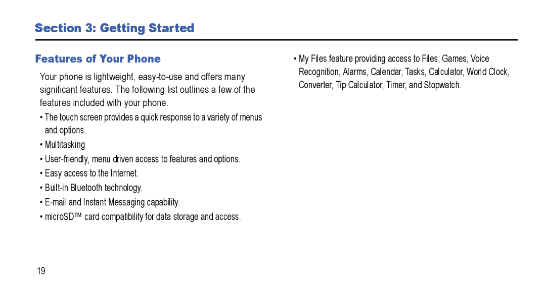 Samsung GT-I5800L Series user manual Getting Started, Features of Your Phone 