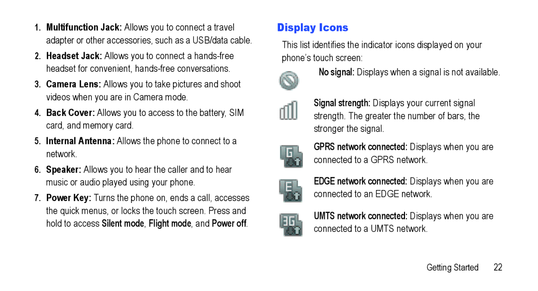 Samsung GT-I5800L Series user manual Display Icons 