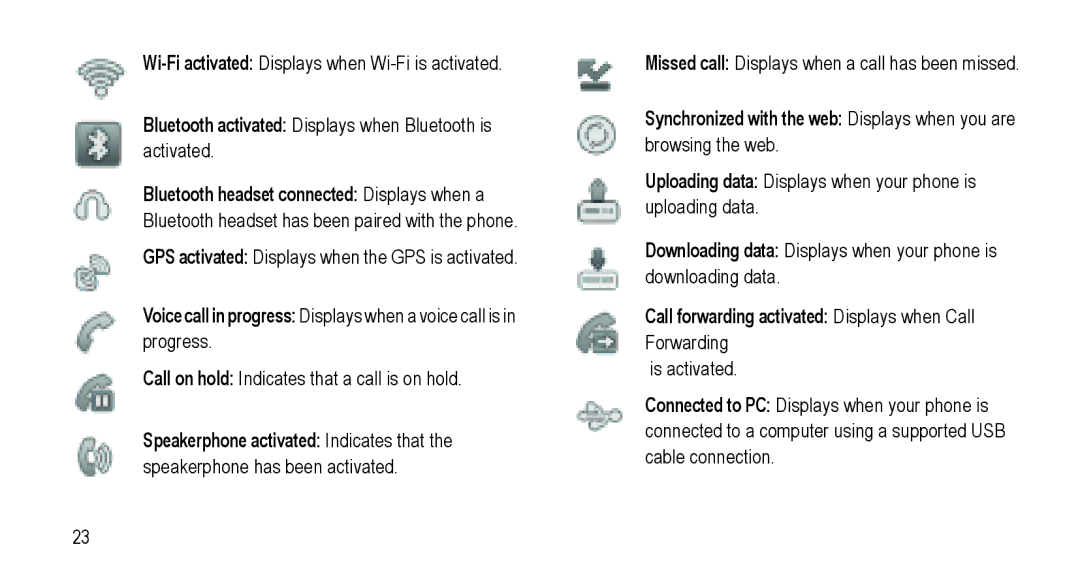 Samsung GT-I5800L Series user manual Bluetooth activated Displays when Bluetooth is activated 