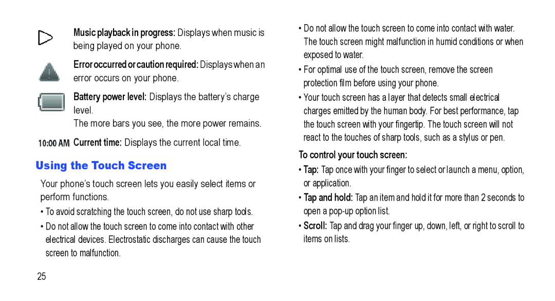 Samsung GT-I5800L Series user manual Using the Touch Screen, Battery power level Displays the battery’s charge level 