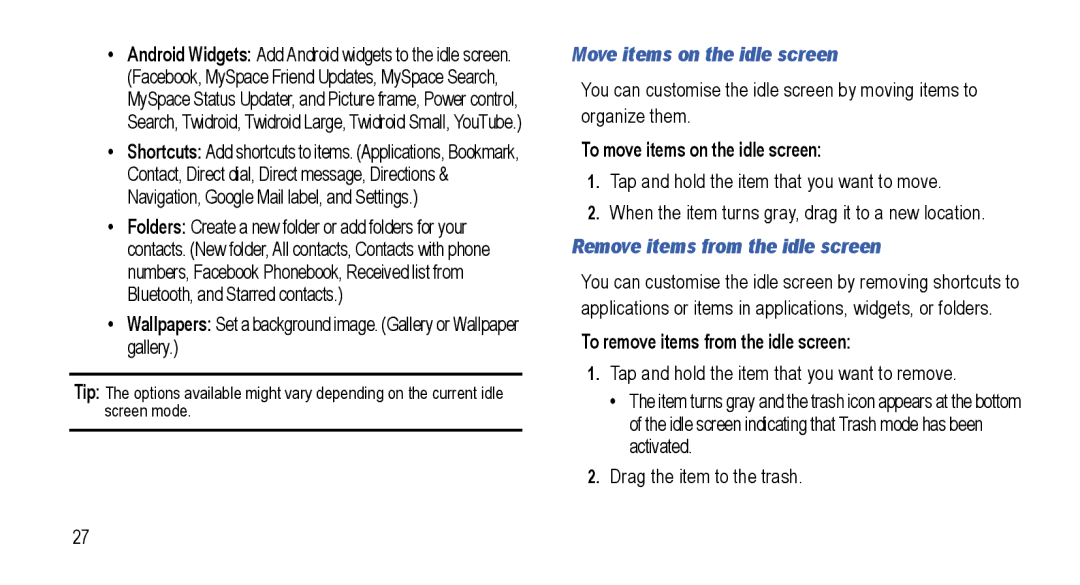 Samsung GT-I5800L Series user manual Move items on the idle screen, To move items on the idle screen 