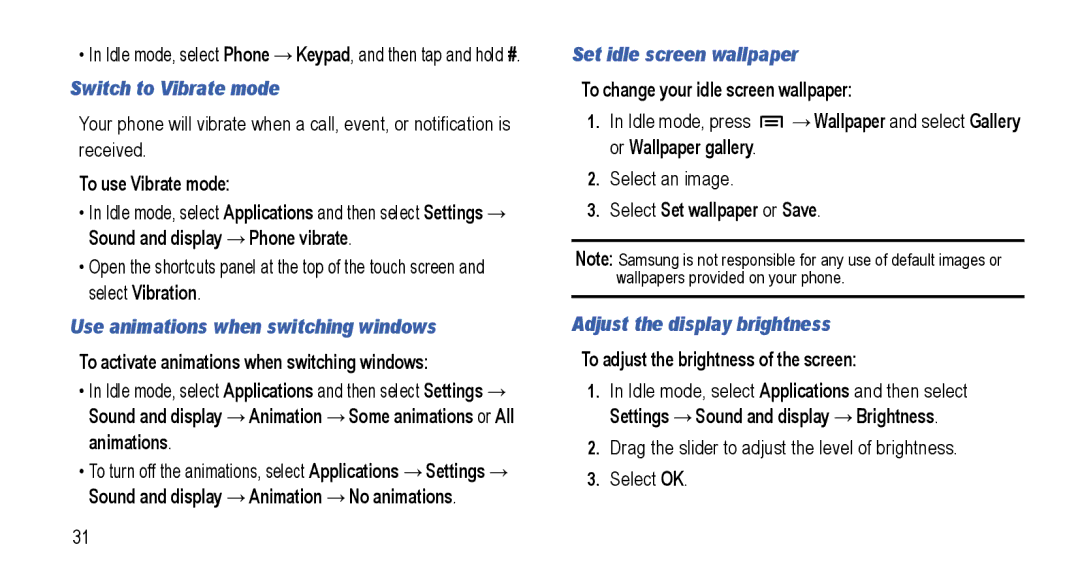 Samsung GT-I5800L Series Switch to Vibrate mode, Use animations when switching windows, Set idle screen wallpaper 