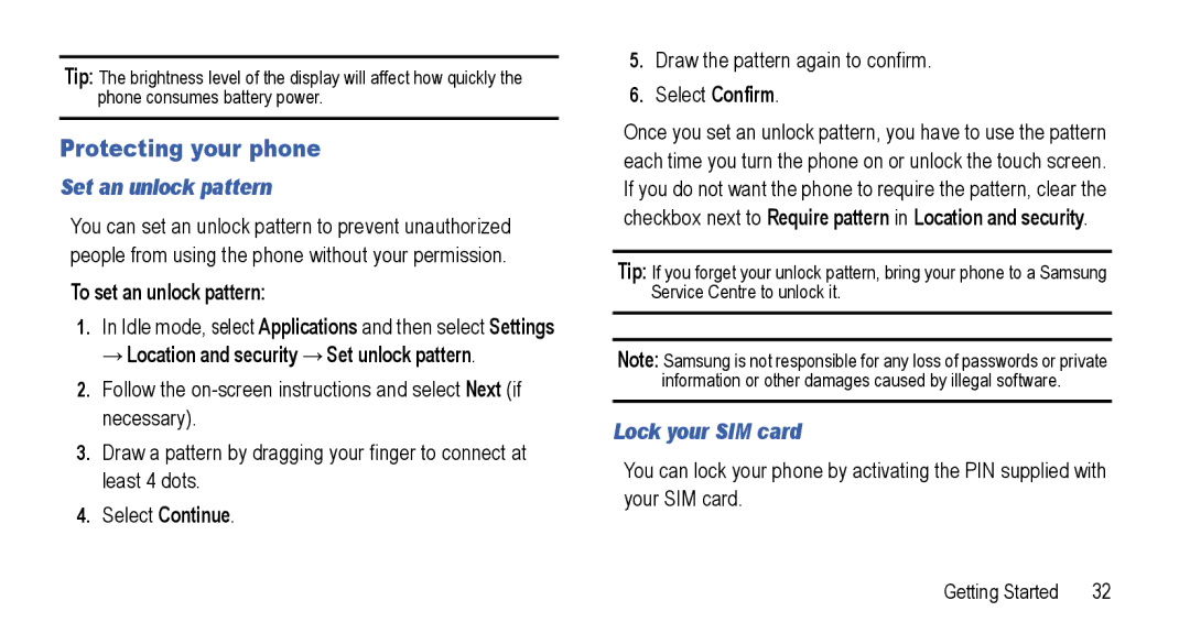 Samsung GT-I5800L Series Protecting your phone, Set an unlock pattern, To set an unlock pattern, Lock your SIM card 