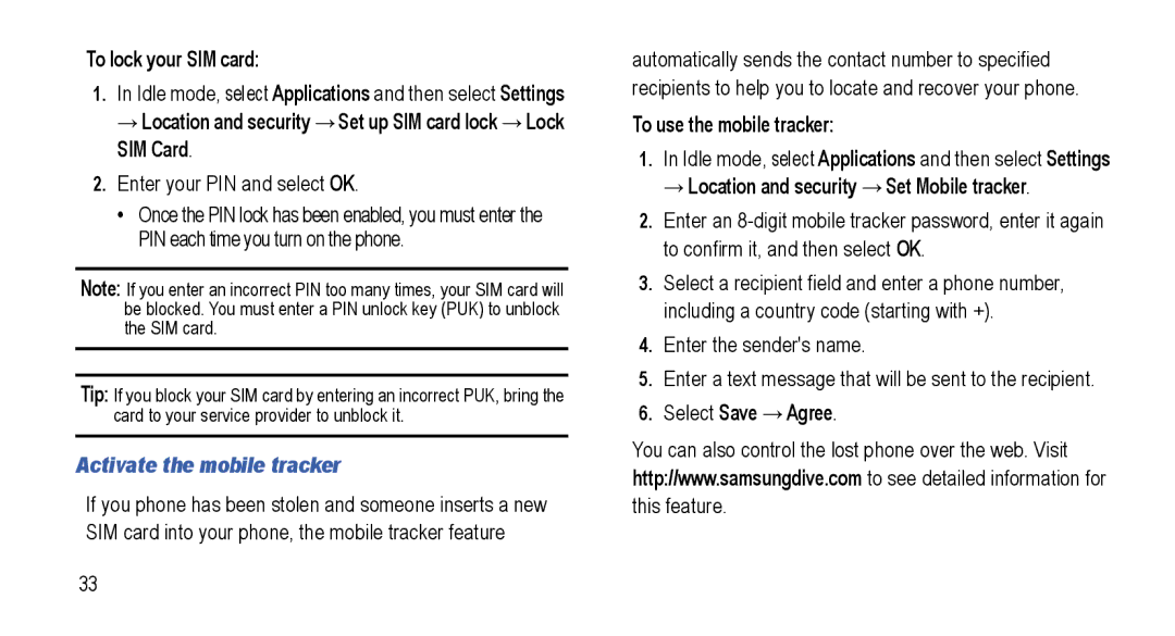 Samsung GT-I5800L Series user manual Activate the mobile tracker 