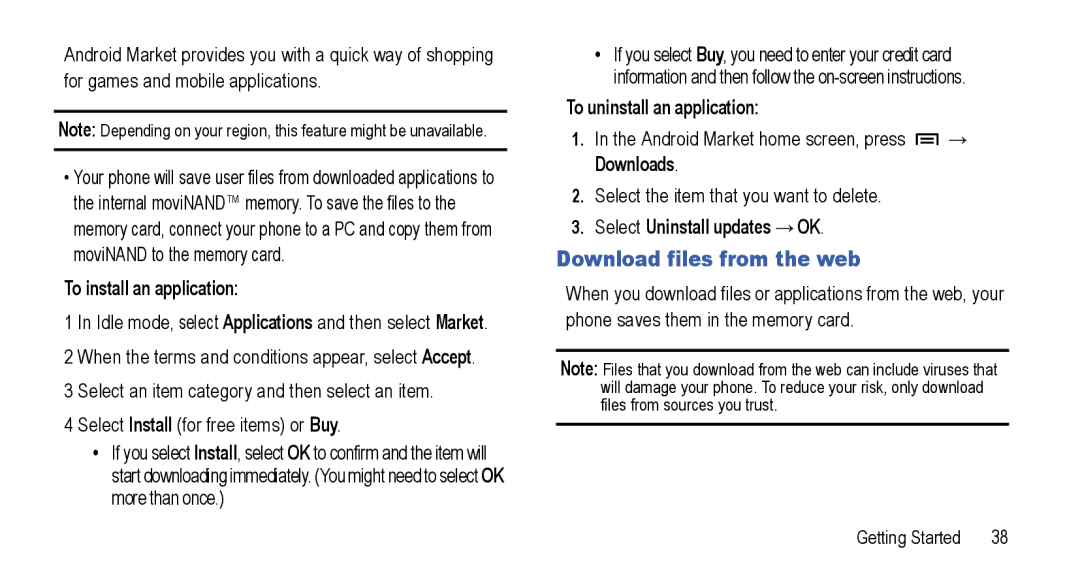 Samsung GT-I5800L Series user manual Download files from the web, To install an application, To uninstall an application 