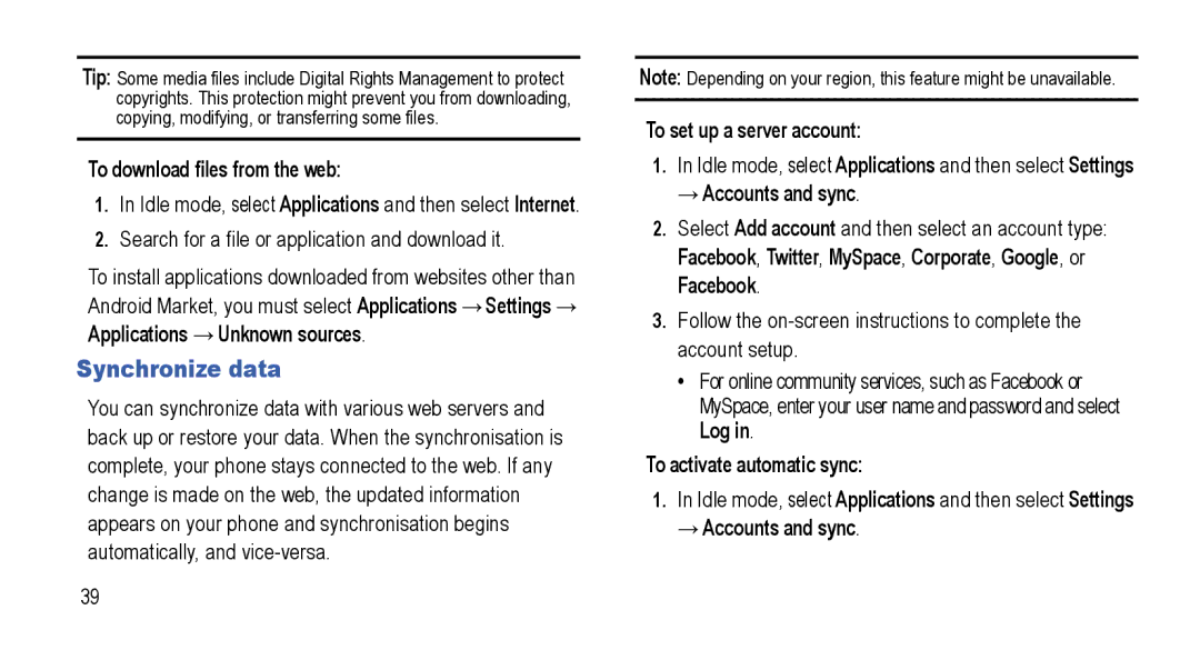 Samsung GT-I5800L Series Synchronize data, To download files from the web, To set up a server account, →Accounts and sync 