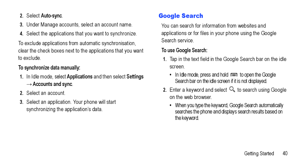 Samsung GT-I5800L Series user manual Select Auto-sync, To synchronize data manually, To use Google Search 