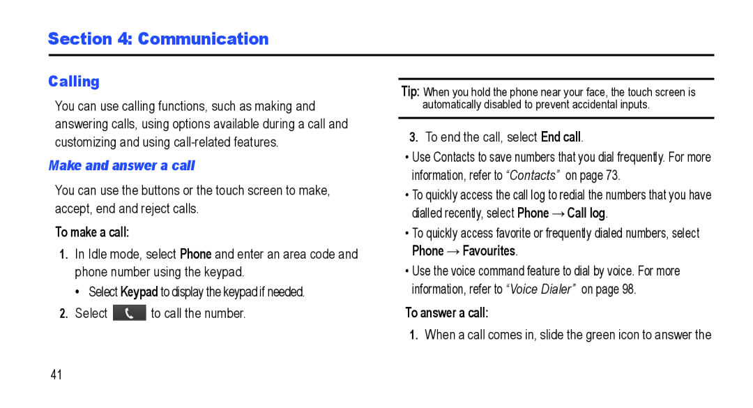 Samsung GT-I5800L Series user manual Communication, Calling, Make and answer a call, To make a call, To answer a call 