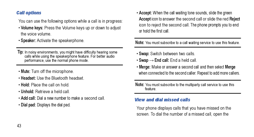 Samsung GT-I5800L Series user manual Call options, Swap →End call End a held call, View and dial missed calls 