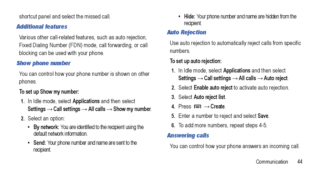 Samsung GT-I5800L Series user manual Additional features, Show phone number, Auto Rejection, Answering calls 