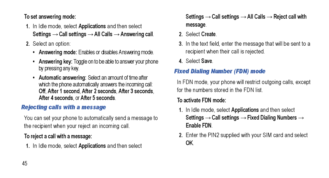 Samsung GT-I5800L Series user manual Rejecting calls with a message, Fixed Dialing Number FDN mode 