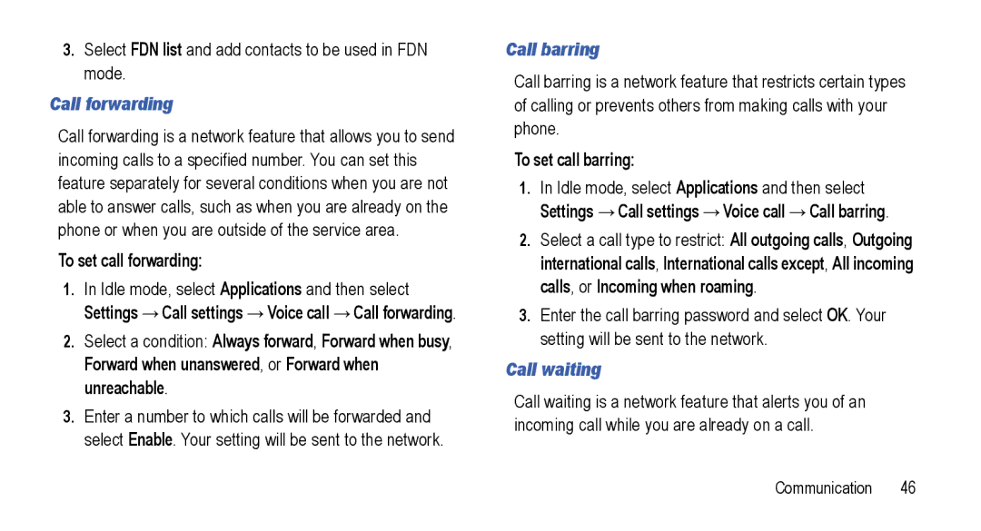 Samsung GT-I5800L Series Call forwarding, To set call forwarding, Call barring, To set call barring, Call waiting 