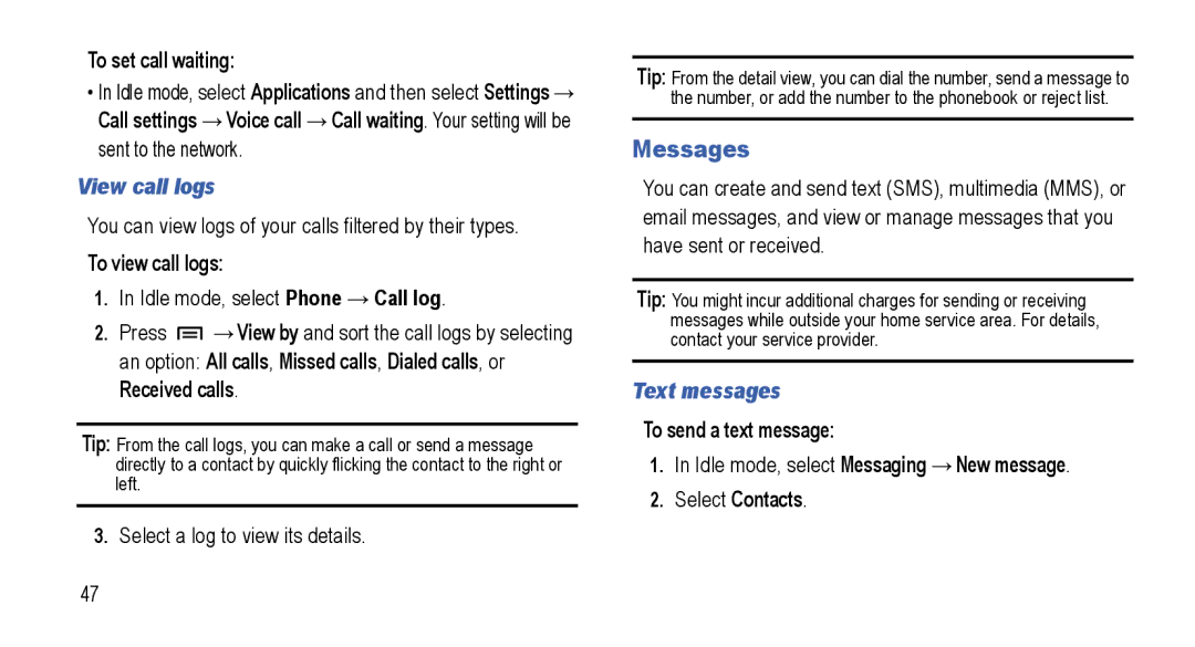 Samsung GT-I5800L Series user manual Messages, View call logs, Text messages 