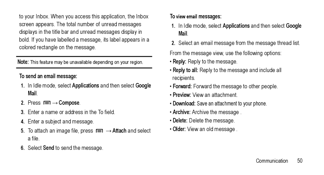 Samsung GT-I5800L Series user manual To send an email message, Idle mode, select Applications and then select Google Mail 