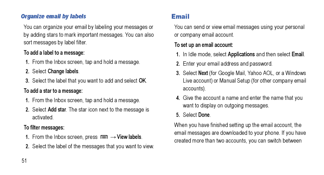 Samsung GT-I5800L Series user manual Organize email by labels 