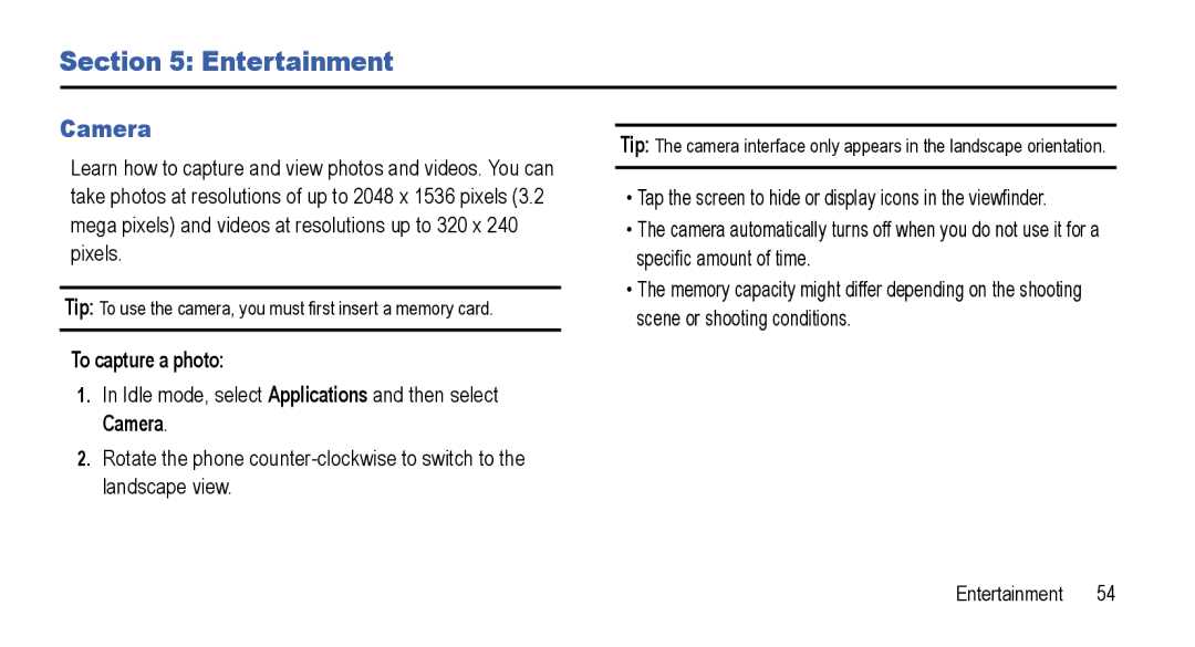 Samsung GT-I5800L Series user manual Entertainment, Camera, To capture a photo 