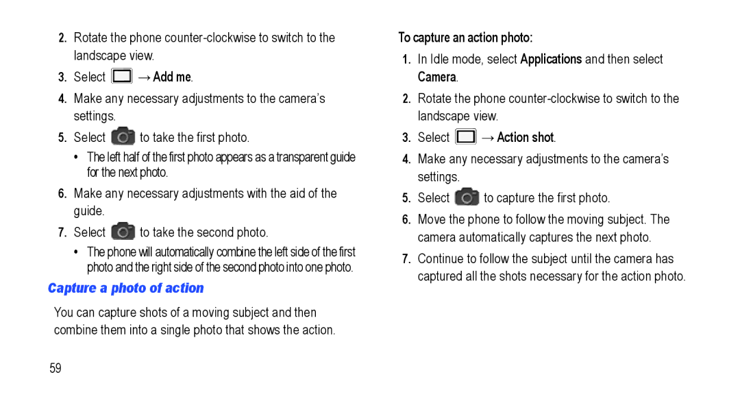 Samsung GT-I5800L Series user manual Capture a photo of action, To capture an action photo, Select →Action shot 