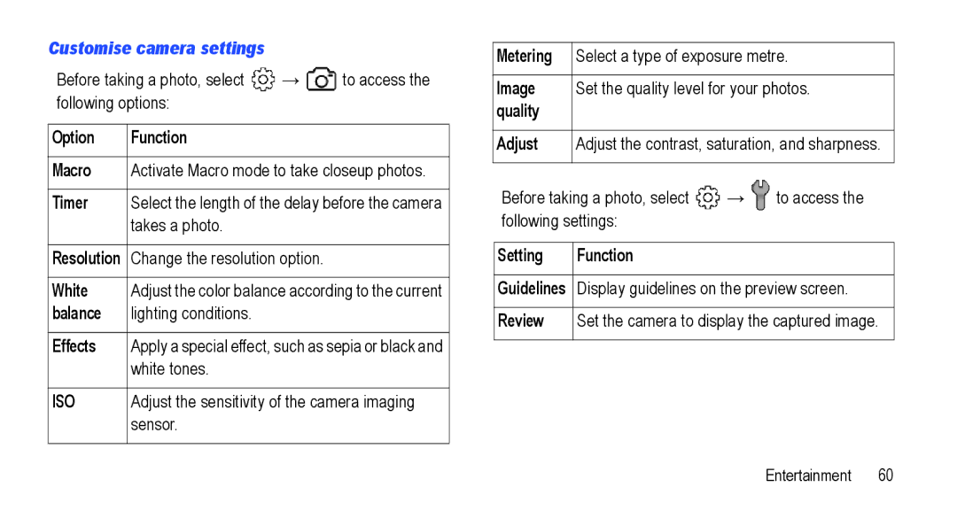 Samsung GT-I5800L Series user manual Customise camera settings 